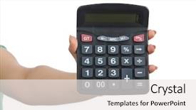  Presentation with calculator - Slides with electric divice - hand holding calculator on white background and a  colored foreground