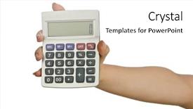  Presentation with hand holding pencil - Audience pleasing theme consisting of electric divice - hand holding calculator on white backdrop and a  colored foreground