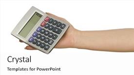  Presentation with calculator - Colorful slide set enhanced with electric divice - hand holding calculator on white backdrop and a  colored foreground