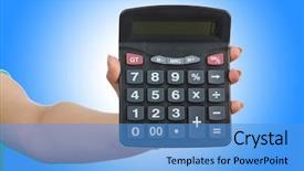  Presentation with trophy award hand holding - Presentation theme having electric divice - hand holding calculator on white background and a  colored foreground