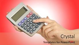  Presentation with calculator - Slides with electric divice - hand holding calculator on white background and a  colored foreground
