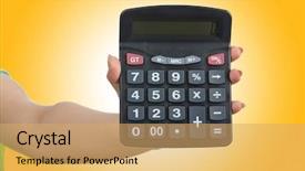  Presentation with trophy award hand holding - Audience pleasing presentation consisting of electric divice - hand holding calculator on white backdrop and a  colored foreground