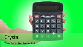  Presentation with trophy award hand holding - Theme having electric divice - hand holding calculator on white background and a  colored foreground