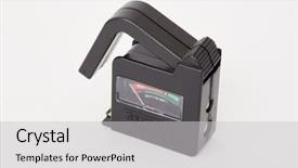  Presentation with battery - Slide set consisting of electric energy meter - portable battery tester on white background and a light gray colored foreground