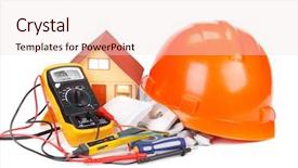  Presentation with electric meter - Slide deck with electric equipment for apartment repair background and a  colored foreground