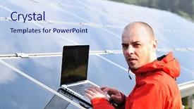  Presentation with solar panels - Presentation theme featuring electric grid - male engineer using laptop solar background and a sky blue colored foreground