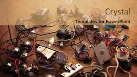  Presentation with electric guitar - Amazing PPT theme having electric-guitar-electronic-parts-scattered backdrop and a coral colored foreground