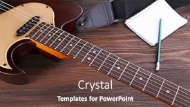  Presentation with electric guitar - Colorful PPT layouts enhanced with electric guitar with notebook on wooden table close up backdrop and a tawny brown colored foreground
