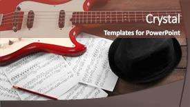  Presentation with electric guitar - Colorful presentation theme enhanced with electric guitar with notes and black hat on wooden background backdrop and a tawny brown colored foreground