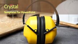  Presentation with headphones - Amazing slide set having electric jigsaw on table hearing backdrop and a tawny brown colored foreground