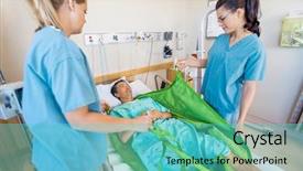  Presentation with nurses - Cool new slide set with electric lifts - caucasian nurses preparing male patient backdrop and a teal colored foreground