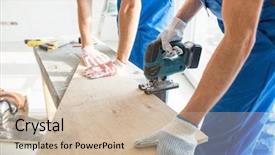  Presentation with synergy collaboration cooperation teamwork concept - Colorful slide deck enhanced with electric saw sawing board backdrop and a  colored foreground