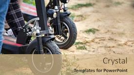  Presentation with electric scooter - Slides having electric-scooter-on-the-village background and a coral colored foreground