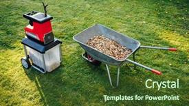 Presentation with mulch - Colorful PPT theme enhanced with electric shredder mulcher with wheelbarrow backdrop and a tawny brown colored foreground