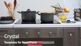  Presentation with cooking utensils - PPT layouts having electric stove in kitchen background and a dark gray colored foreground