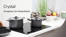  Presentation with cooking utensils - Cool new PPT layouts with electric stove in kitchen backdrop and a white colored foreground