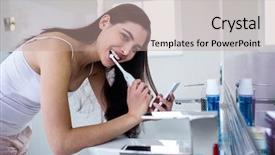  Presentation with smartphone - Audience pleasing slides consisting of electric toothbrush - brunette using smartphone while brushing backdrop and a coral colored foreground