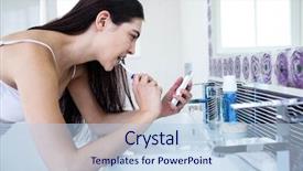  Presentation with teeth - Audience pleasing PPT theme consisting of electric toothbrush - brunette using smartphone while brushing backdrop and a light blue colored foreground