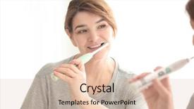  Presentation with at home senior care - Cool new presentation design with electric toothbrush - senior woman cleaning teeth backdrop and a soft green colored foreground