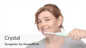 Presentation with teeth - PPT theme with electric toothbrush - senior woman cleaning teeth background and a sky blue colored foreground
