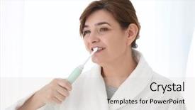  Presentation with pregnant woman cleaning - Beautiful PPT theme featuring electric toothbrush - senior woman cleaning teeth backdrop and a lemonade colored foreground