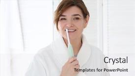 Presentation with at home senior care - Cool new slides with electric toothbrush - senior woman cleaning teeth backdrop and a light gray colored foreground