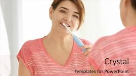  Presentation with cleaning - Slide deck enhanced with electric toothbrush - senior woman cleaning teeth background and a coral colored foreground