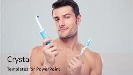  Presentation with brush - Presentation theme with electric toothbrush - young man choosing brush background and a coral colored foreground