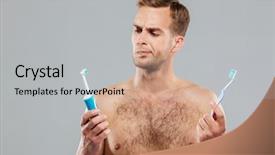  Presentation with special education young adult man - Cool new slides with electric toothbrush - young pensive handsome man choosing backdrop and a light gray colored foreground