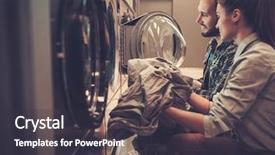  Presentation with laundromat - Presentation with electric utility - young cheerful couple doing laundry background and a dark gray colored foreground