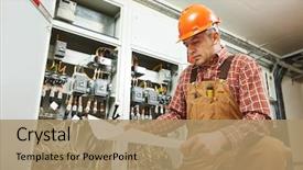  Presentation with electrician - Presentation theme enhanced with electrical - adult electrician builder engineer worker background and a coral colored foreground
