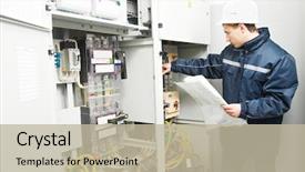  Presentation with industrial power - Beautiful slides featuring electrical - electrician builder at work inspecting backdrop and a mint green colored foreground