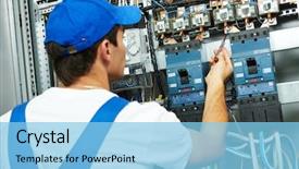  Presentation with fuse - Slide set consisting of electrical - electrician worker checking voltage background and a light blue colored foreground