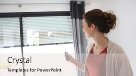  Presentation with remote - Slide set having electrical - woman using remote control background and a light gray colored foreground