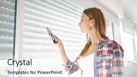  Presentation with control - Audience pleasing presentation theme consisting of electrical - woman using smartphone to control backdrop and a white colored foreground