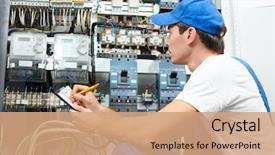 Presentation with electrician - Audience pleasing theme consisting of electrical - young adult electrician builder engineer backdrop and a coral colored foreground
