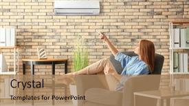  Presentation with conditioner - Audience pleasing PPT theme consisting of electrical - young woman switching on air backdrop and a coral colored foreground