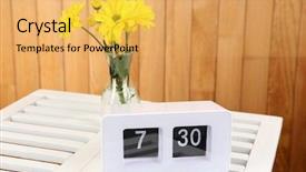  Presentation with wooden board empty table top - PPT theme consisting of electrical alarme - digital alarm clock on table background and a yellow colored foreground