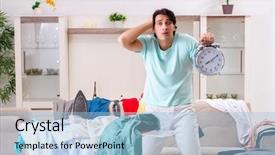  Presentation with ironing - Presentation design enhanced with electrical alarme - young man husband ironing background and a light blue colored foreground