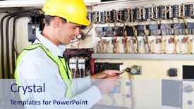  Presentation with industrial machine - Audience pleasing slides consisting of electrical circuit - male caucasian electrician changing industrial backdrop and a sky blue colored foreground