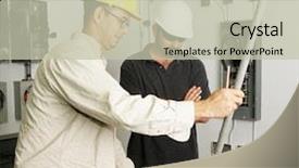  Presentation with electrical safety - Presentation theme enhanced with electrical conduits wirings - electrician and foreman bending pipe background and a soft green colored foreground