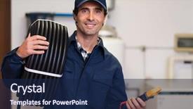  Presentation with electrical - Theme enhanced with electrical conduits wirings - portrait of a smiling worker background and a navy blue colored foreground