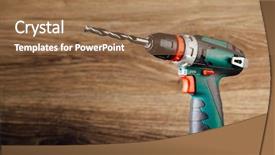  Presentation with cordless - Slides having electrical construction - cordless drill against wooden background background and a coral colored foreground