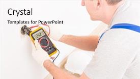  Presentation with digital multimeter - Amazing PPT theme having electrical construction - electrician checking socket voltage backdrop and a sky blue colored foreground