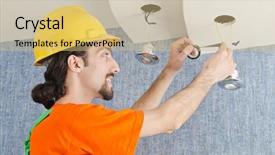  Presentation with electrician - Slide set featuring electrical construction - electrician repairman working on refurbishment background and a coral colored foreground