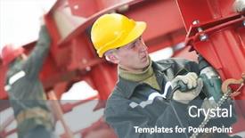  Presentation with worker safety - Presentation design enhanced with electrical contractor - builder worker in safety protective background and a gray colored foreground