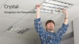  Presentation with lighting - Colorful slides enhanced with electrical contractor - electrician installs lighting backdrop and a light gray colored foreground