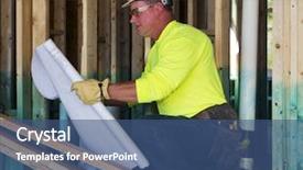  Presentation with safety construction worker in construction - Beautiful slide deck featuring electrical contractor - male construction worker reads blueprints backdrop and a ocean colored foreground