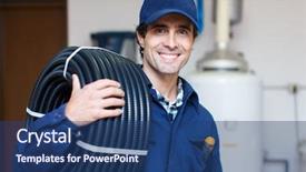  Presentation with electrical contractor - Colorful slides enhanced with electrical contractor - portrait of a smiling worker backdrop and a ocean colored foreground