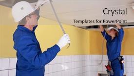  Presentation with electricians - Slide set having electrical contractor - two electricians repairing ceiling wiring background and a mint green colored foreground